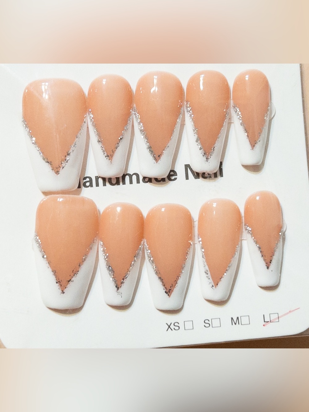 Peach Nude White French Tip Press On Nails Silver Glitter Size L